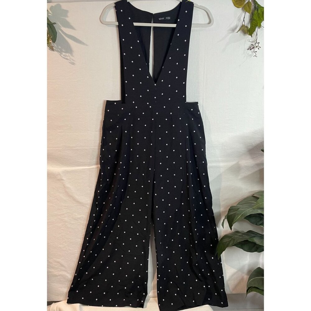 Women's Black Polka Dot Jumpsuit By Splash Size 10 With Deep V-Neck & Wide Legs